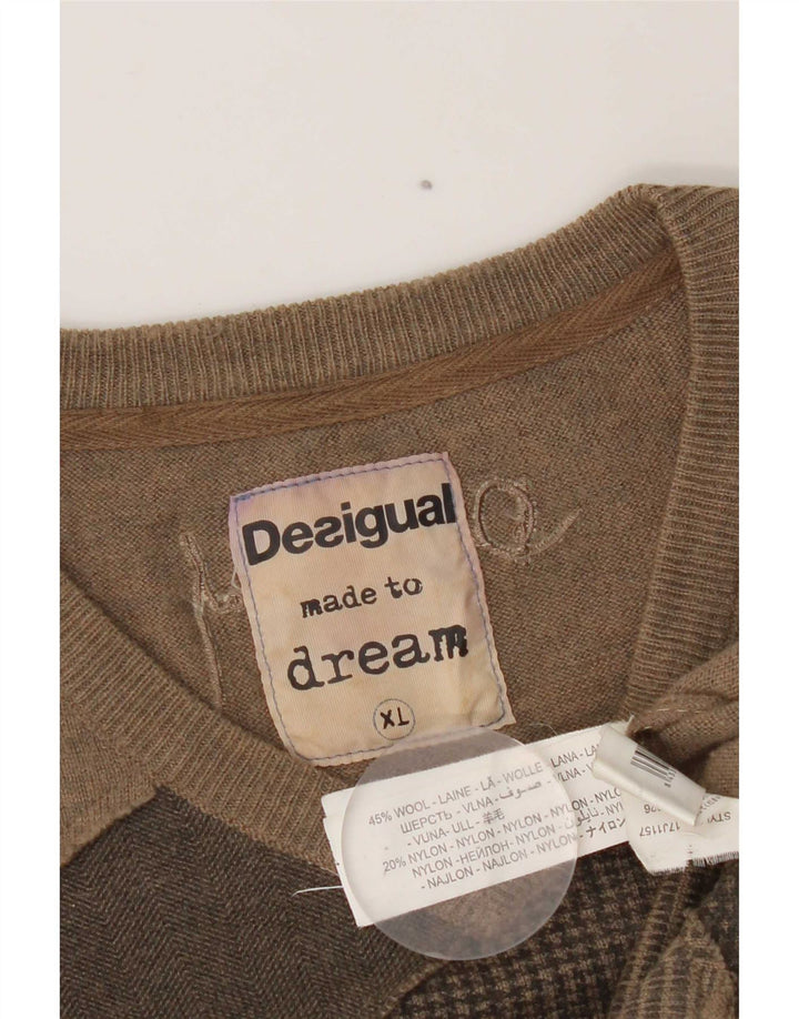 Desigual Uomo Maglione con scollo a V Maglione XL Marrone Patchwork Lana Moderno