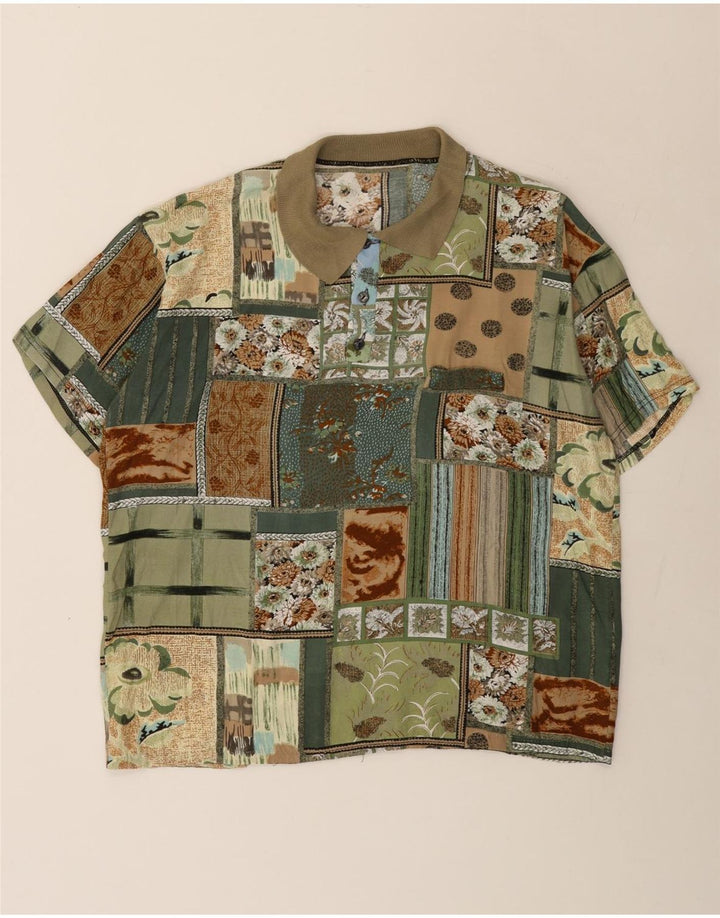 Camicia pullover vintage da uomo a maniche corte in viscosa patchwork verde medio