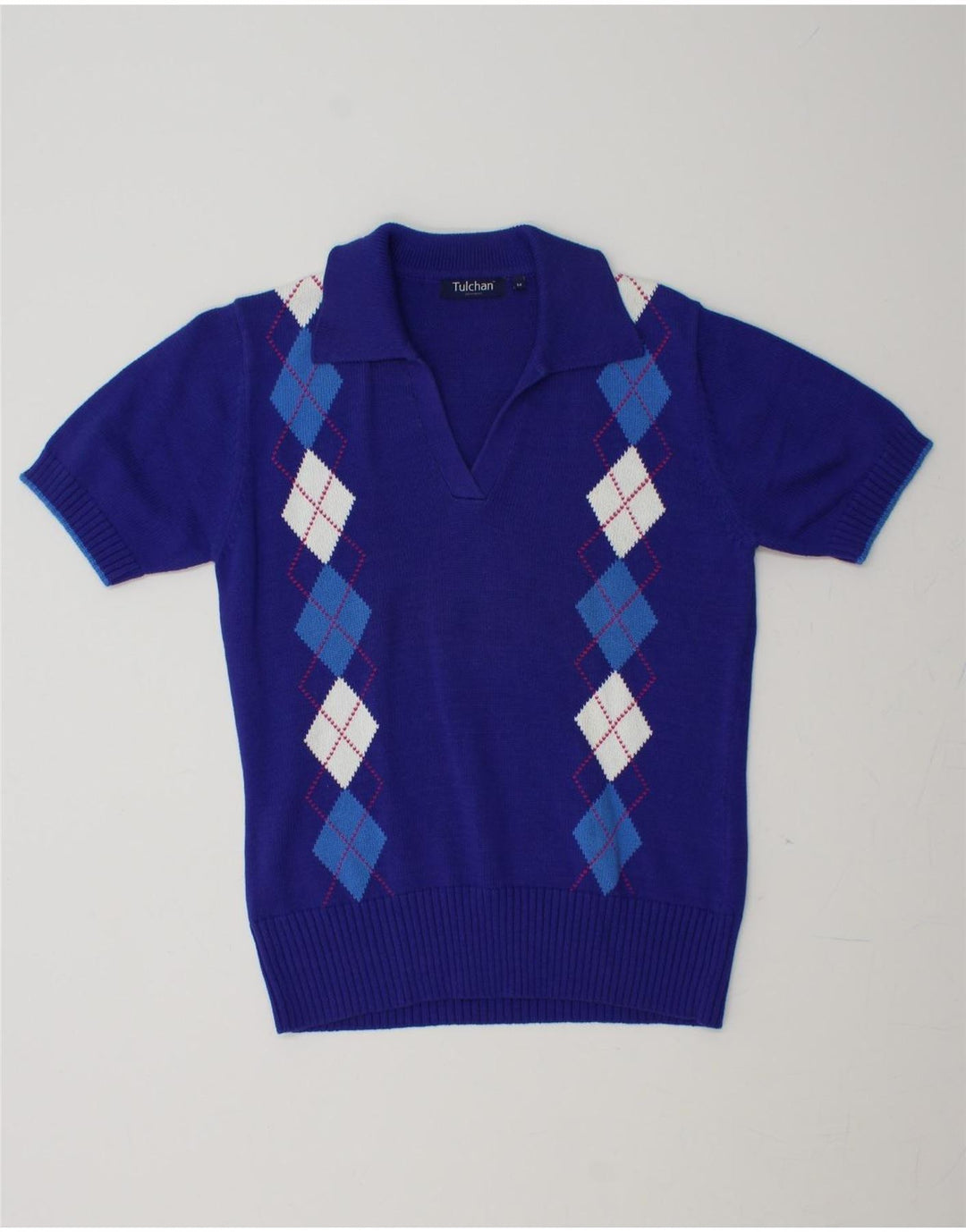TULCHAN Womens Polo Neck Jumper Sweater UK 14 Medium Blue Argyle/Diamond Vintage Tulchan and Second-Hand Tulchan from Messina Hembry 