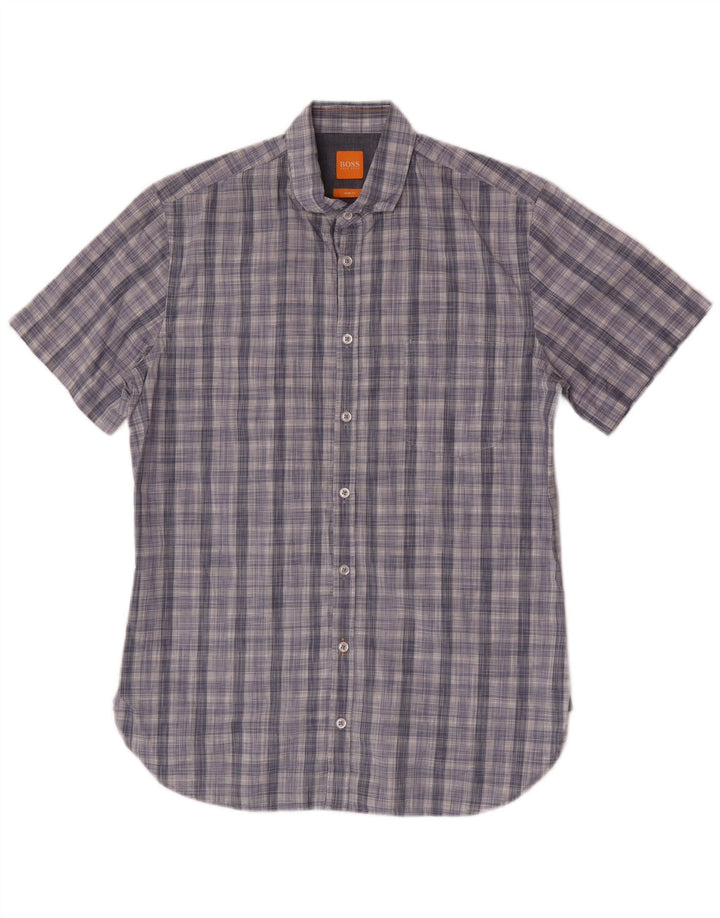 Camicia slim fit a maniche corte da uomo Hugo Boss in cotone a quadri blu medio