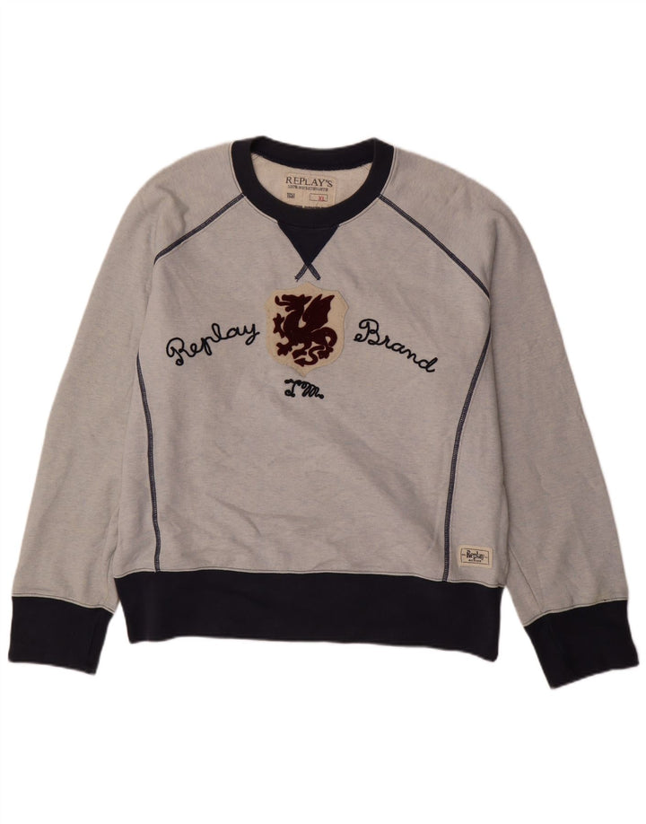 REPLAY Felpa grafica da uomo Maglione XL Blu Colourblock in cotone