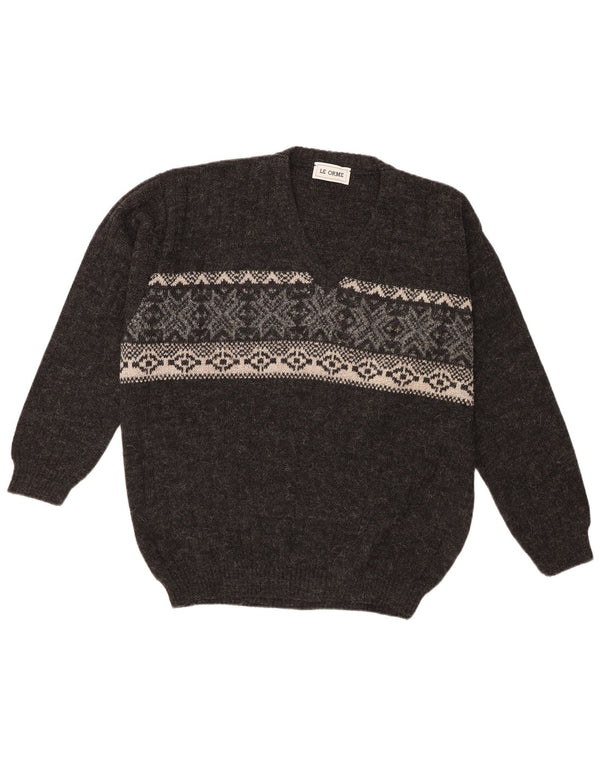 Maglione vintage da uomo con scollo a V XL in lana Fair Isle grigia