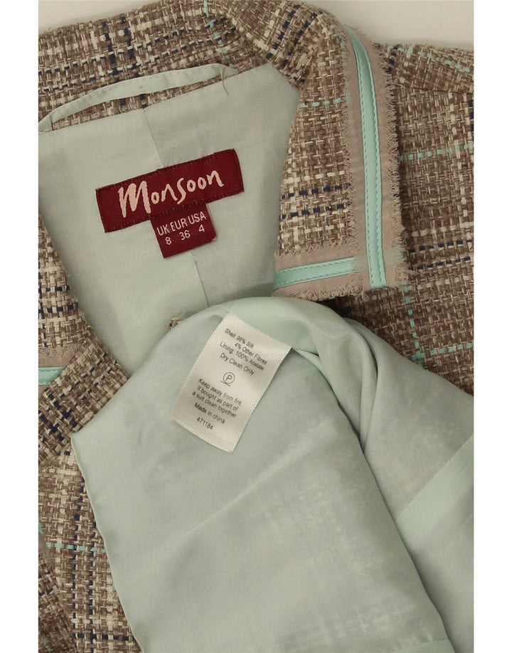 Giacca blazer a 3 bottoni da donna Monsoon UK 8 piccola seta a quadri verdi