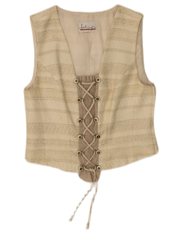 Top corto da donna vintage UK 12 Acetato a righe beige medio