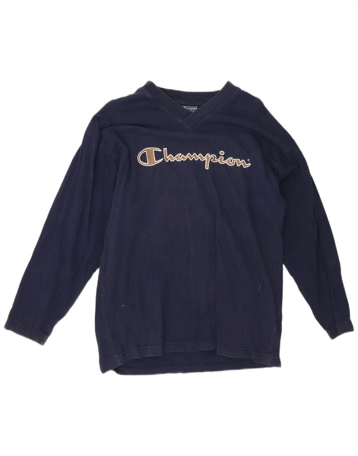 CHAMPION Mens Graphic Top Long Sleeve Large Navy Blue Cotton