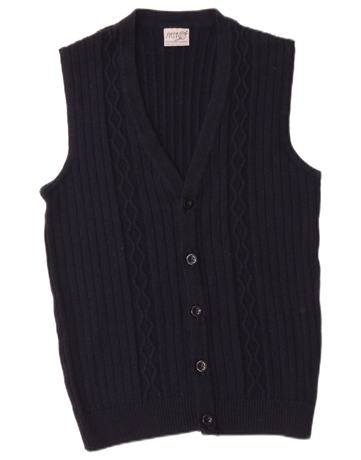 Maglione cardigan senza maniche vintage da uomo piccolo blu navy