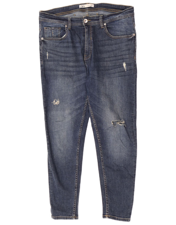 Jeans skinny corti invecchiati da uomo Zara EU 44 Large W34 L26 cotone blu
