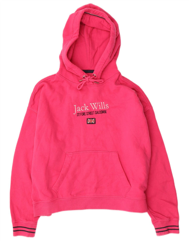 JACK WILLS Maglione da donna con cappuccio grafico oversize corto UK 12 Rosa medio