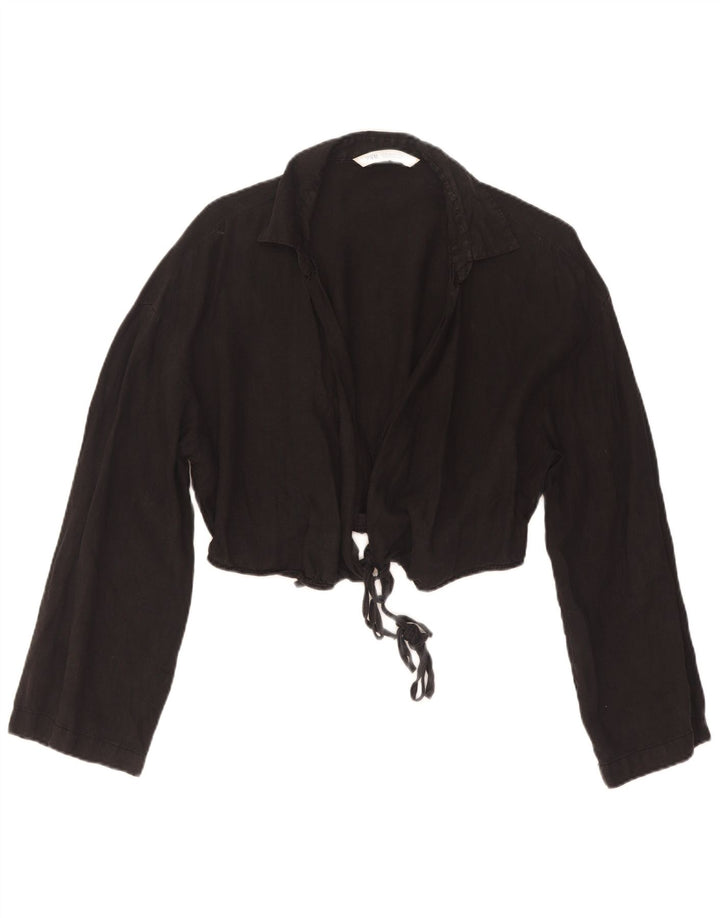 Zara Donna Crop Wrap Shirt Camicetta UK 12 Medio Nero