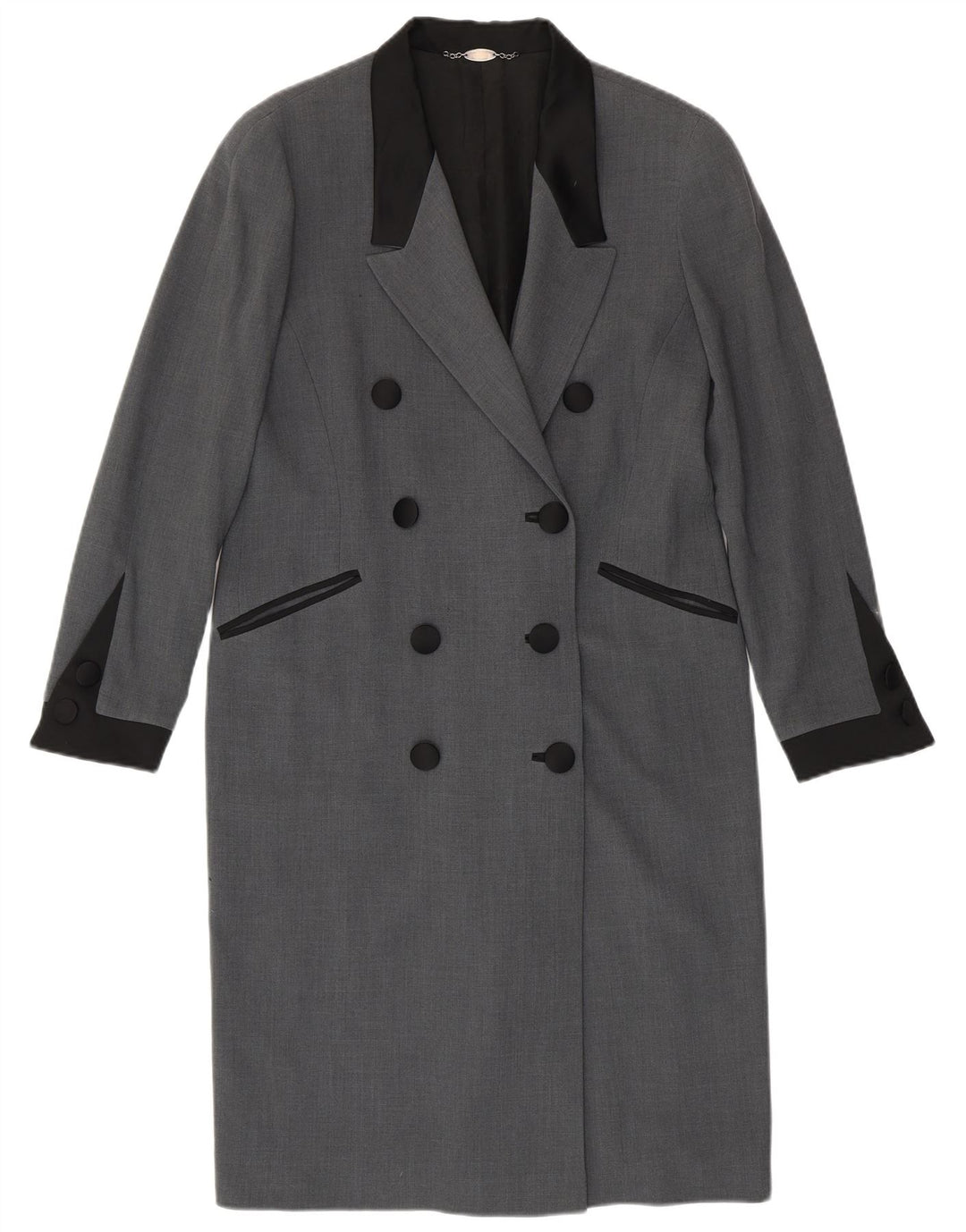 Cappotto doppiopetto vintage da donna IT 46 Large in lana grigia