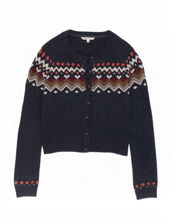 Maglione cardigan da donna Fat Face UK 12 Medio cotone Fair Isle blu navy