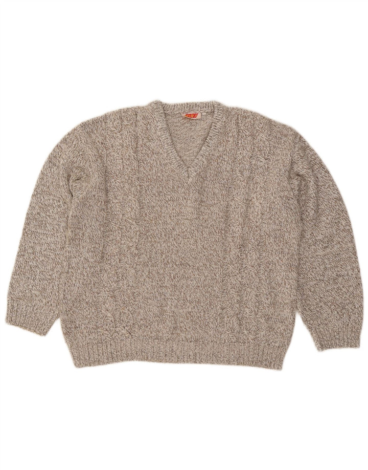 Maglione vintage da uomo con scollo a V XL in lana screziata marrone