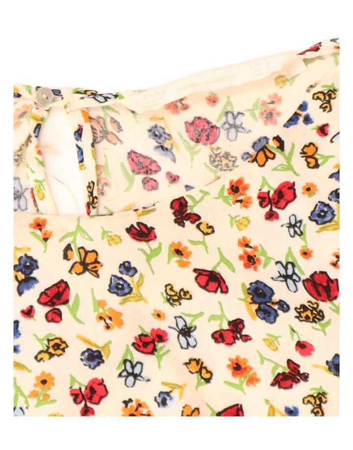 ZARA Camicetta da Donna con Maniche a 3/4 Top UK 10 Piccola Viscosa Floreale Bianco Sporco