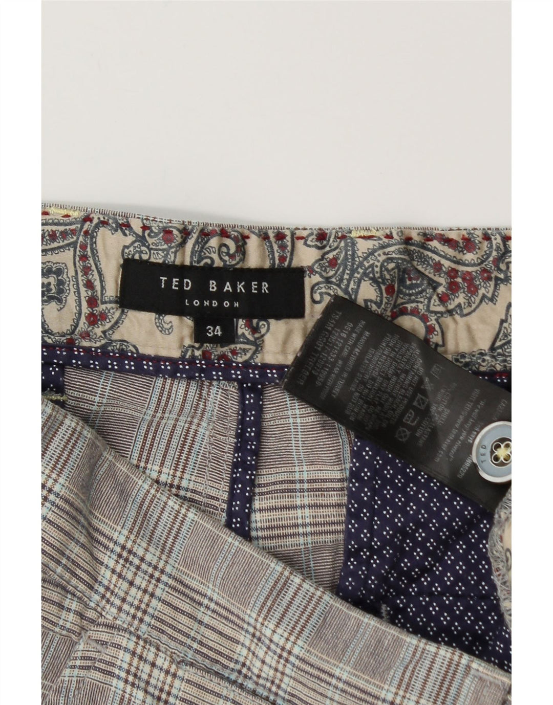 Pantaloncini chino da uomo Ted Baker W34 grande cotone a quadri grigi