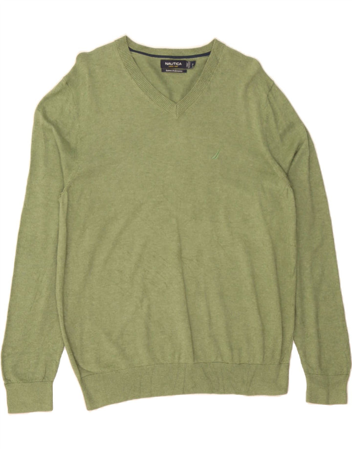 NAUTICA Mens V-Neck Jumper Sweater Medium Green Cotton Vintage Nautica and Second-Hand Nautica from Messina Hembry 