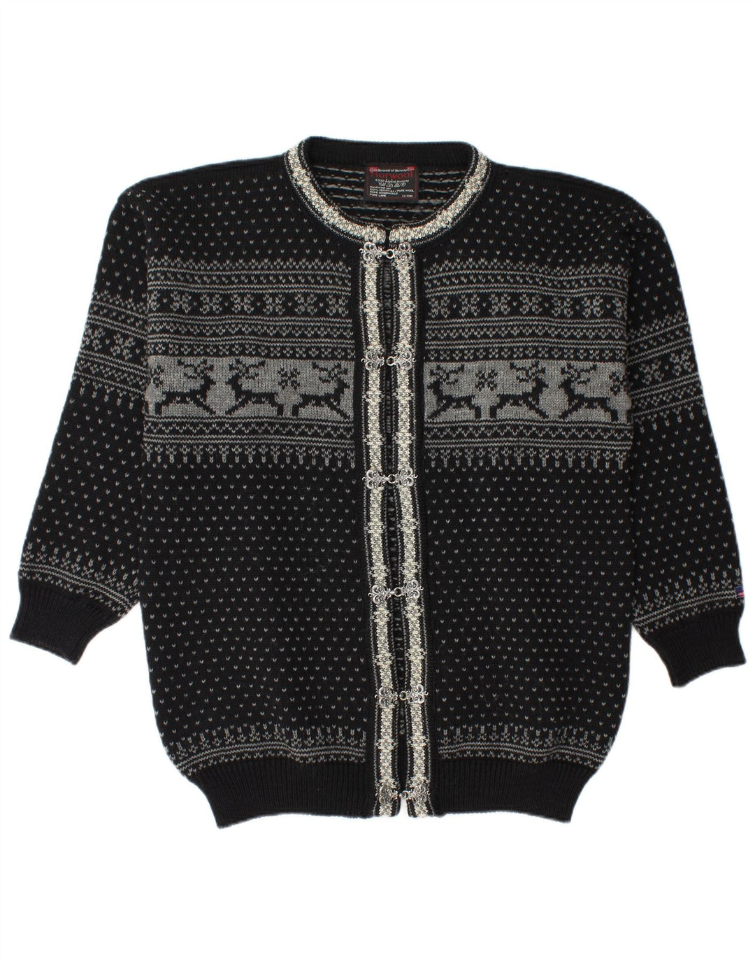 Maglione cardigan da uomo Norwool Lana nuova Fair Isle nera media