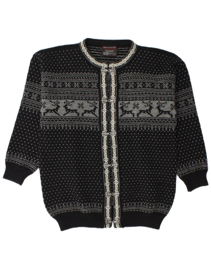 Maglione cardigan da uomo Norwool Lana nuova Fair Isle nera media