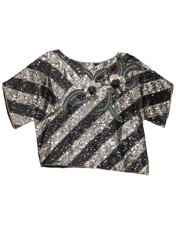 Camicetta grafica corta da donna vintage Top EU 40 Seta a righe nere medie