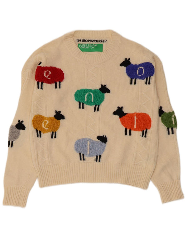 Maglione maglione girocollo da donna Benetton UK 10 piccola stampa animalier beige