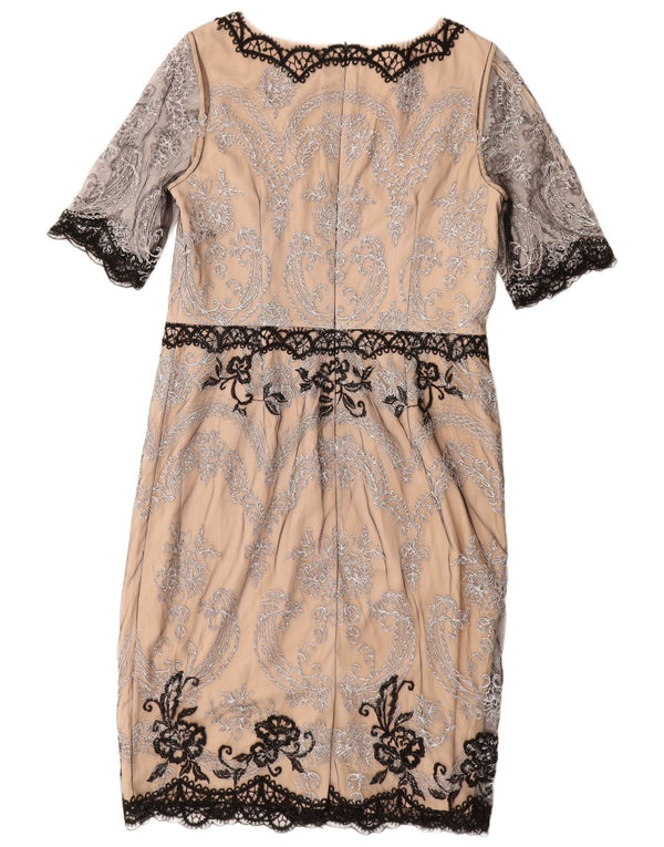 MONSOON Abito tubino in pizzo da donna UK 14 Grande nylon Paisley beige