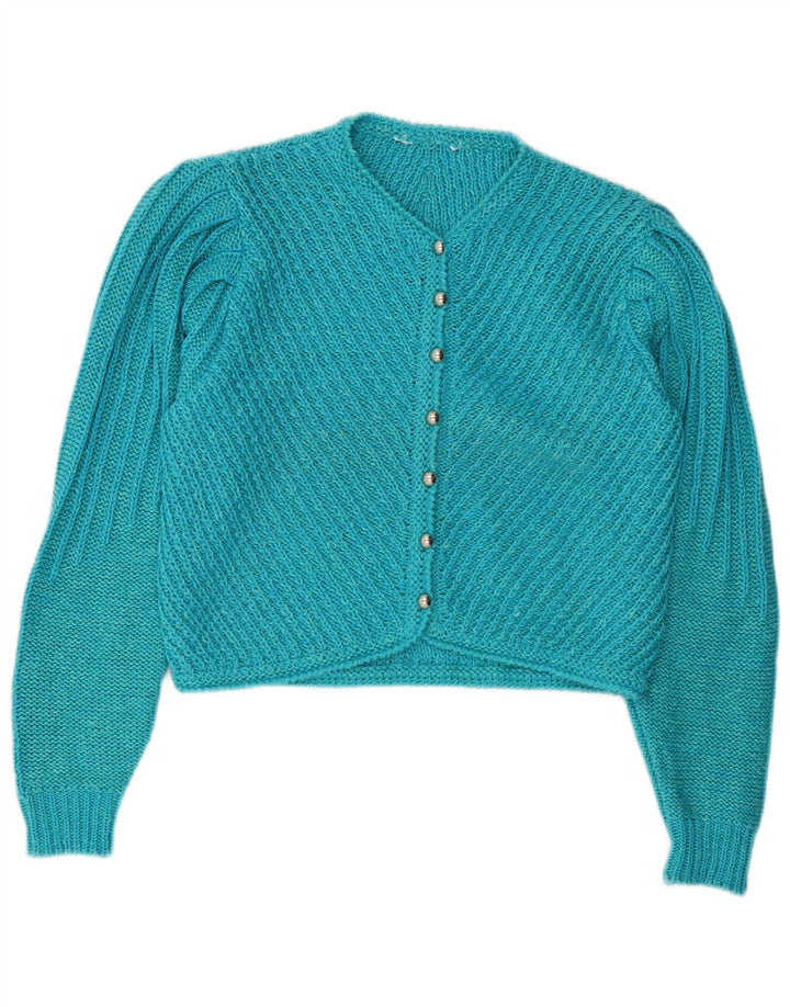 Maglione cardigan corto da donna vintage UK 14 blu medio