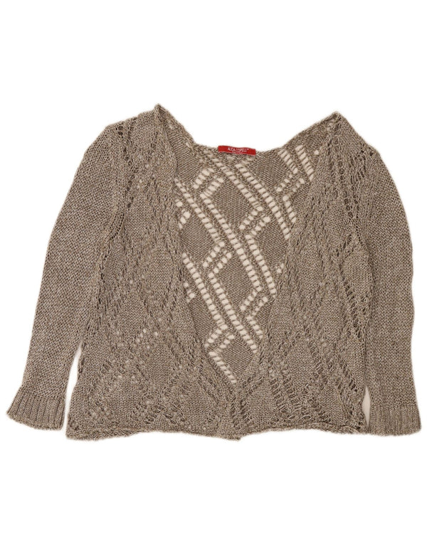 Maglione cardigan con maniche a 3/4 da donna vintage UK 14 grande marrone screziato