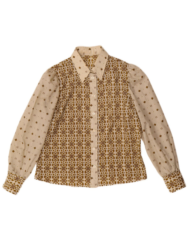 Camicetta camicia vintage da donna UK 16 grande beige geometrica