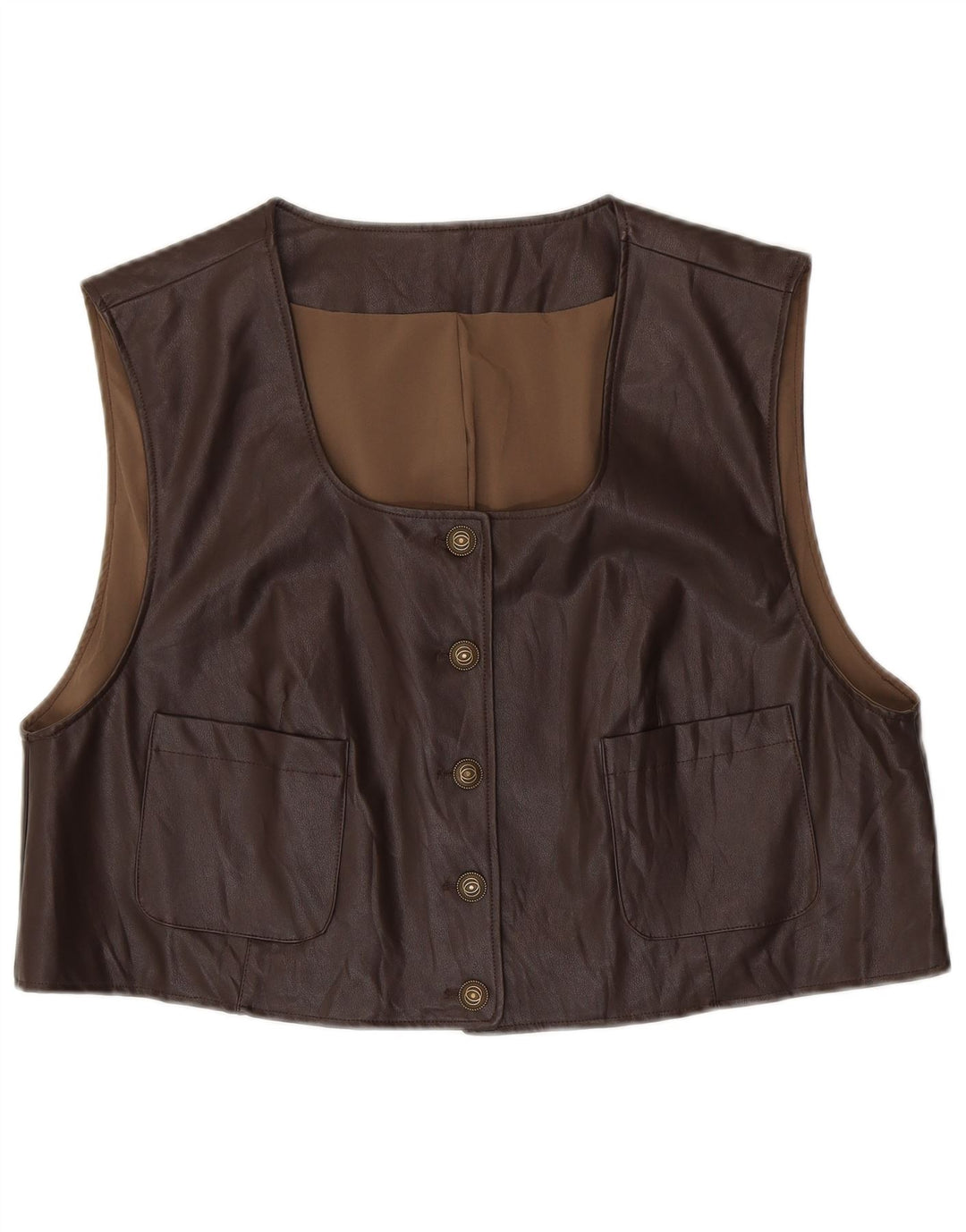 Gilet in pelle oversize corto da donna vintage UK 14 marrone medio