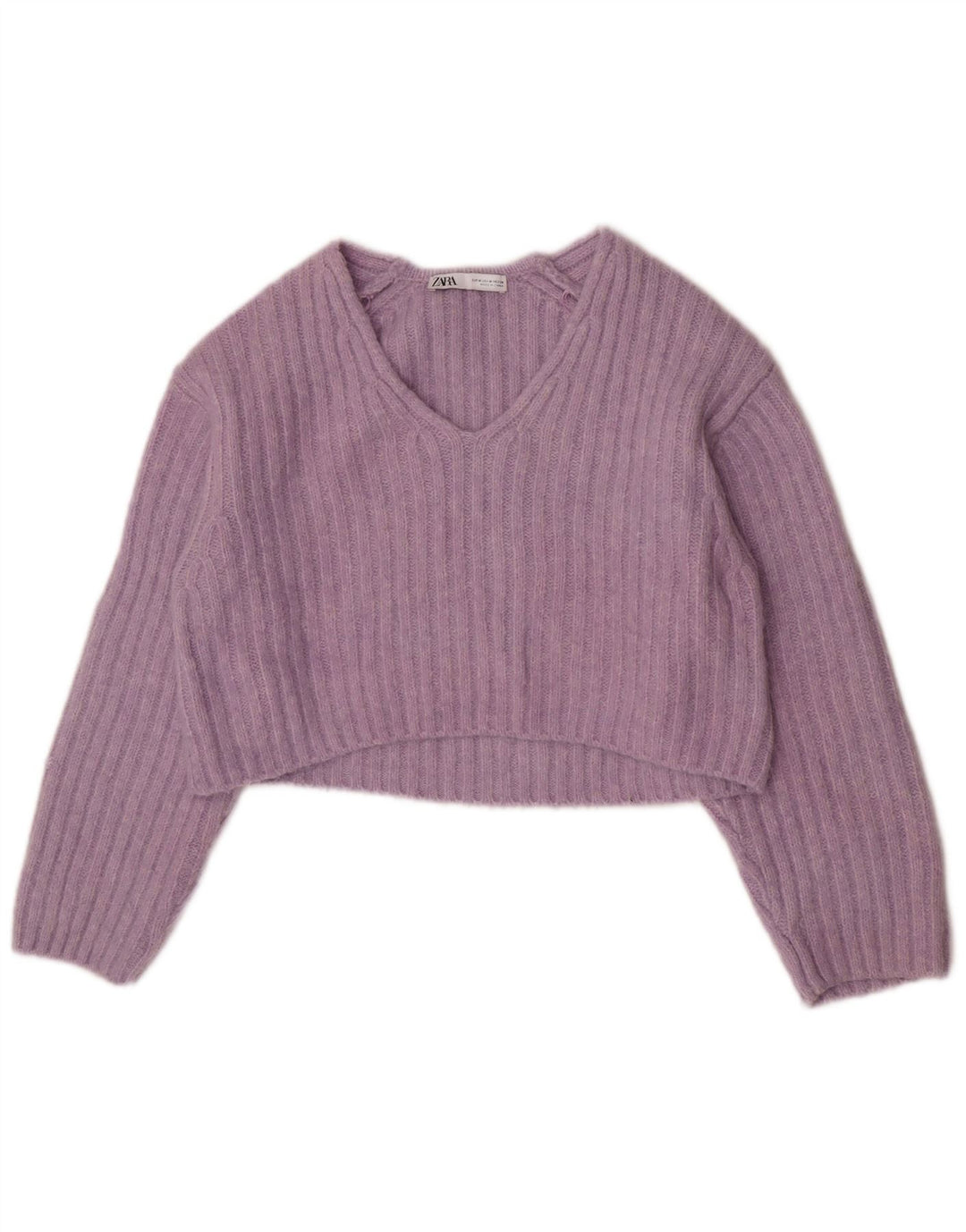 Maglione corto con scollo a V da donna Zara UK 14 Poliestere viola medio