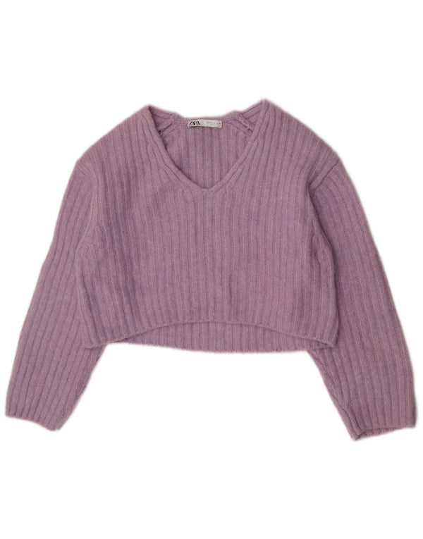 Maglione corto con scollo a V da donna Zara UK 14 Poliestere viola medio