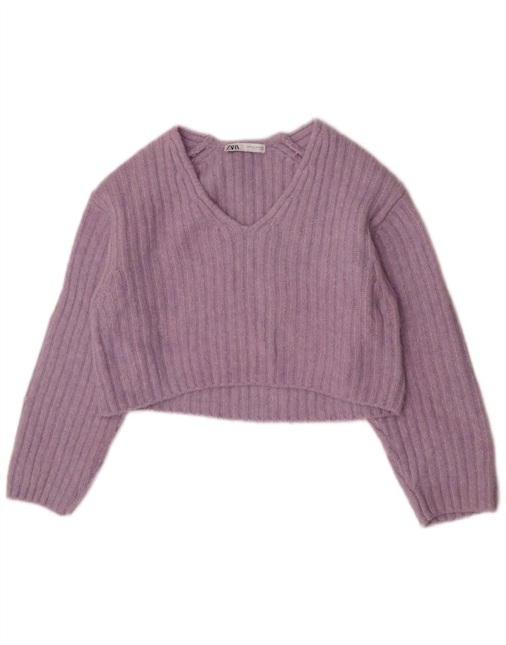 Maglione corto con scollo a V da donna Zara UK 14 Poliestere viola medio