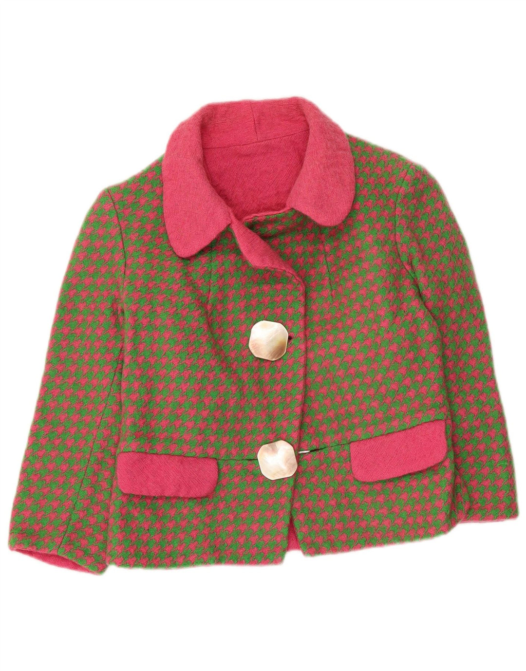 Giacca blazer vintage da donna con maniche a 3/4 UK 8 piccolo pied de poule kaki