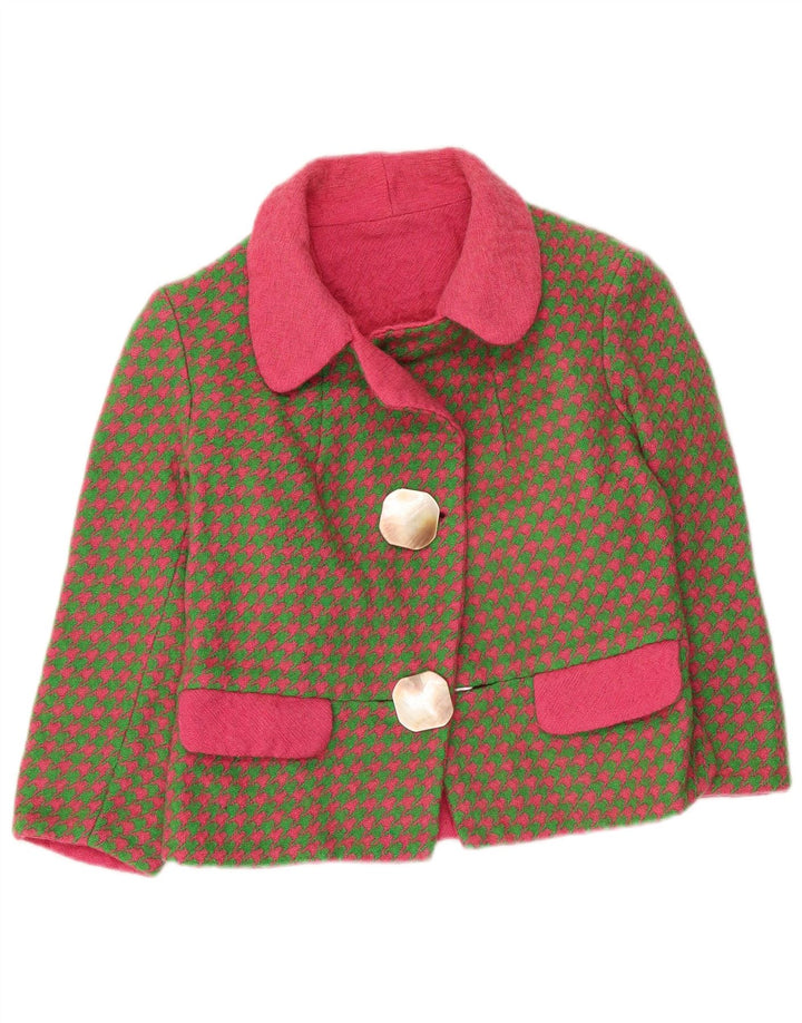 Giacca blazer vintage da donna con maniche a 3/4 UK 8 piccolo pied de poule kaki