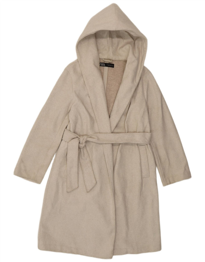 Cappotto con cappuccio da donna Zara UK 14 poliestere bianco sporco medio