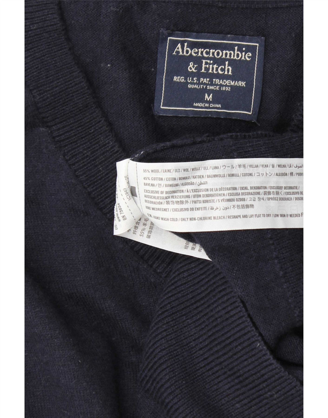 Maglione da uomo con scollo a V Abercrombie & Fitch in lana blu navy media