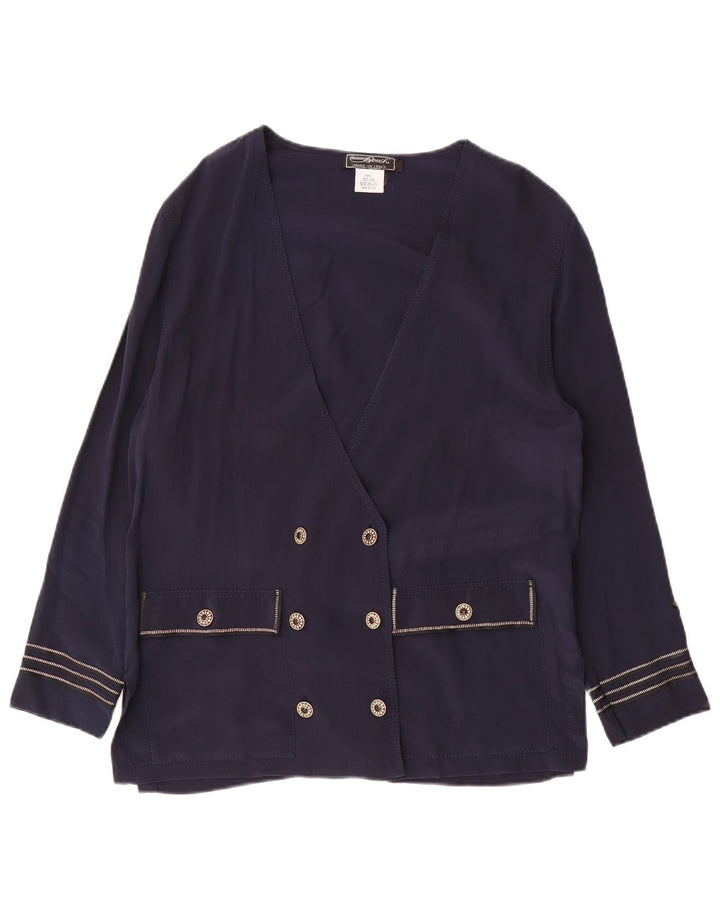 Giacca blazer doppiopetto vintage da donna UK 16 grande seta blu navy