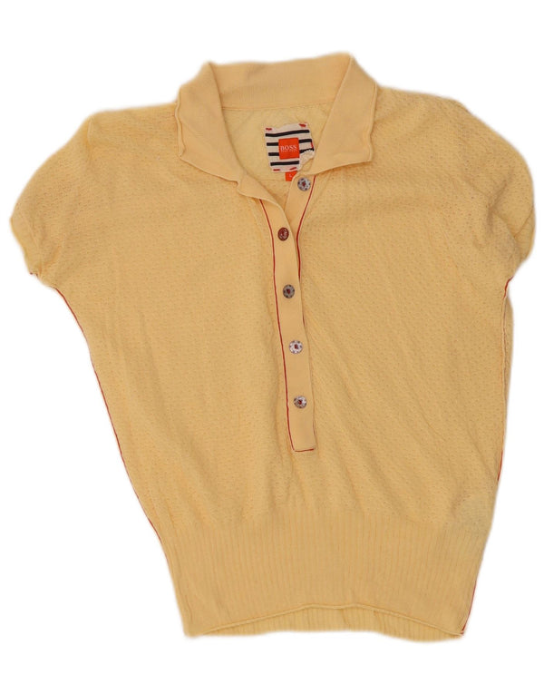 Hugo Boss Maglione da donna a maniche corte con collo a polo UK 14 Large Giallo