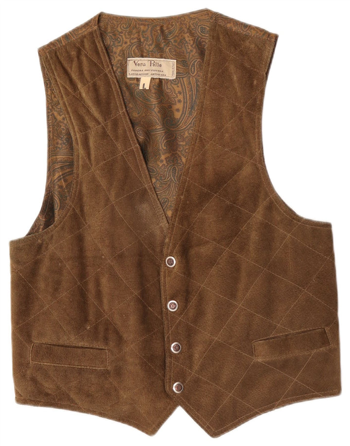 Gilet vintage da uomo in pelle scamosciata grande in pelle marrone