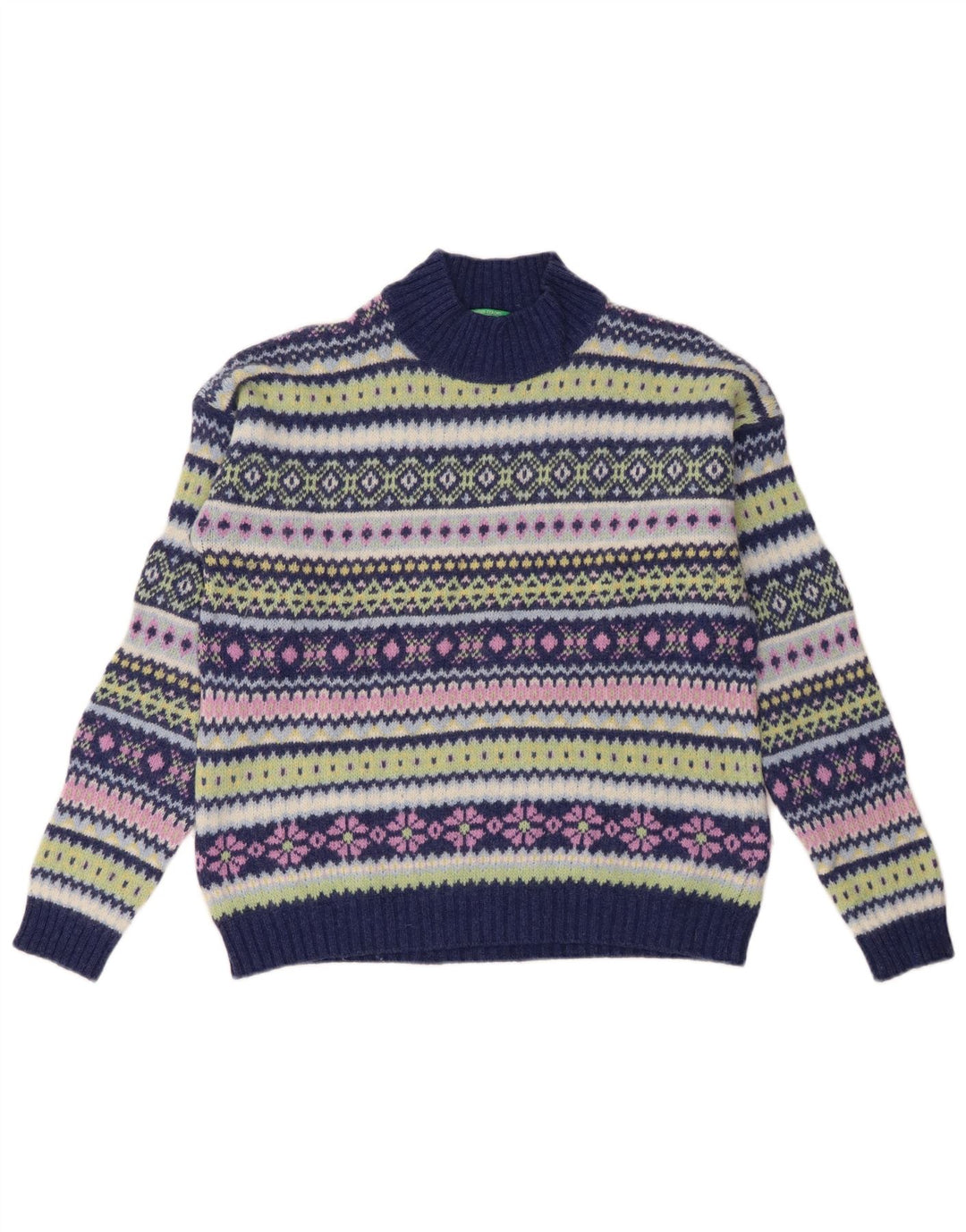 Maglione a collo alto da donna Benetton UK 16 Large Blu Navy Fair Isle