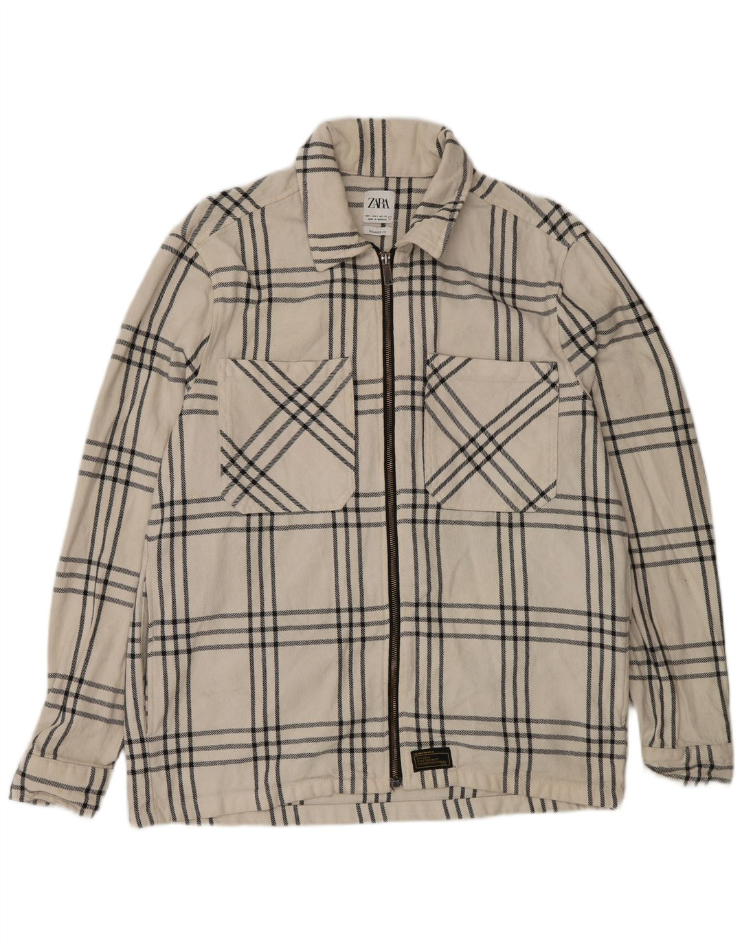 Zara Camicia da uomo overshirt vestibilità rilassata in flanella di cotone a quadri bianchi grandi