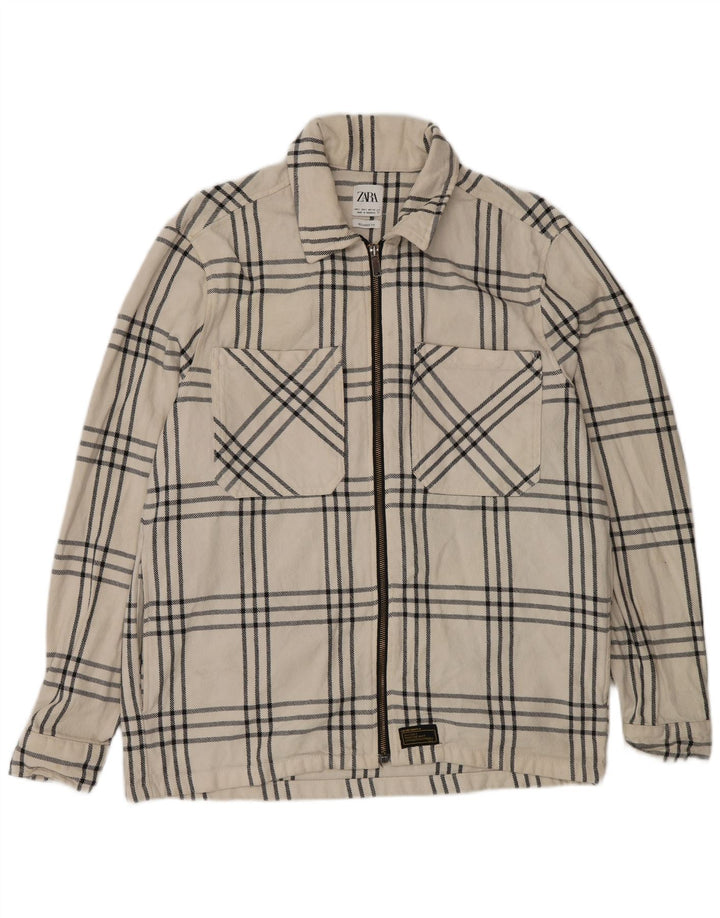Zara Camicia da uomo overshirt vestibilità rilassata in flanella di cotone a quadri bianchi grandi