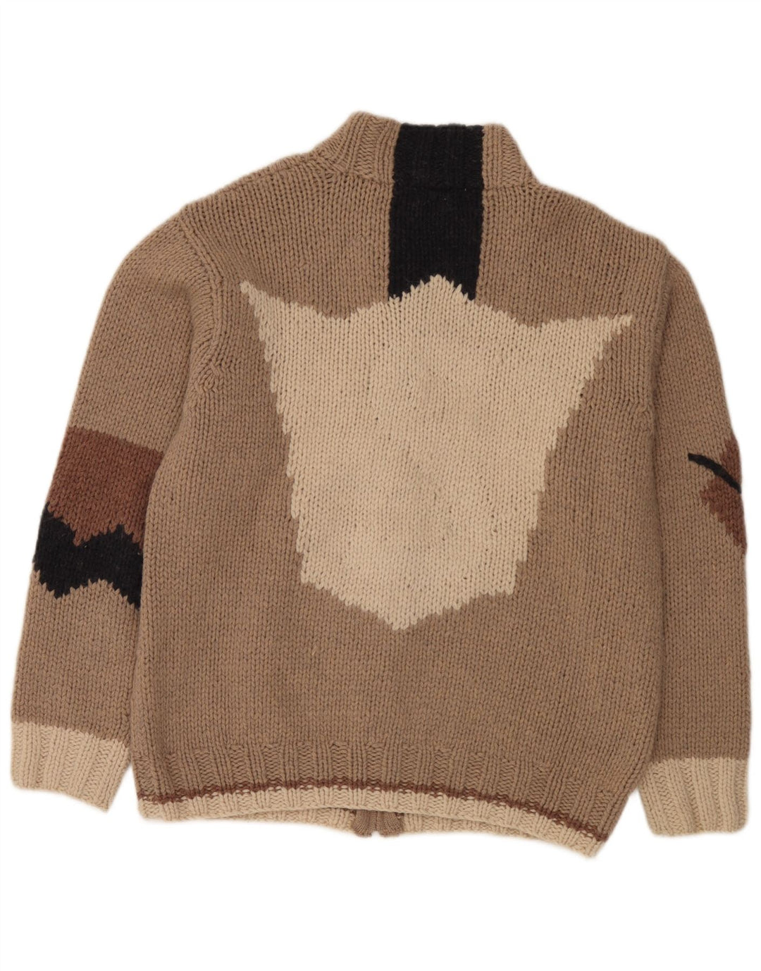 Fatto a Mano Maglione Cardigan da Uomo con Zip Intera Grande in Lana Colorblock Beige