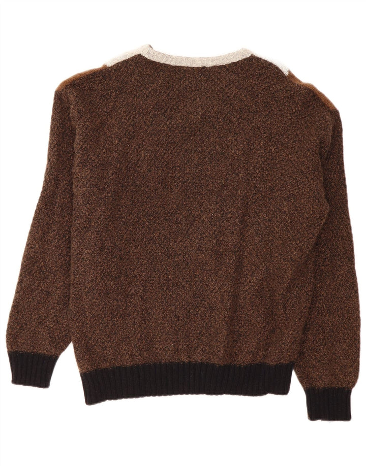 VINTAGE Maglione da uomo con scollo a V grande blocco di colore marrone