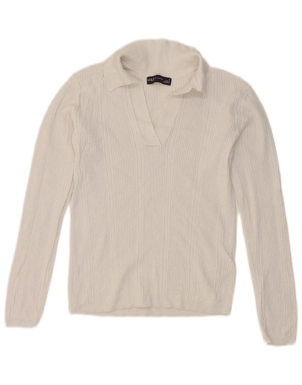 Marks & Spencer Maglietta Donna Crop a Manica Lunga Polo UK 8 Small Bianca