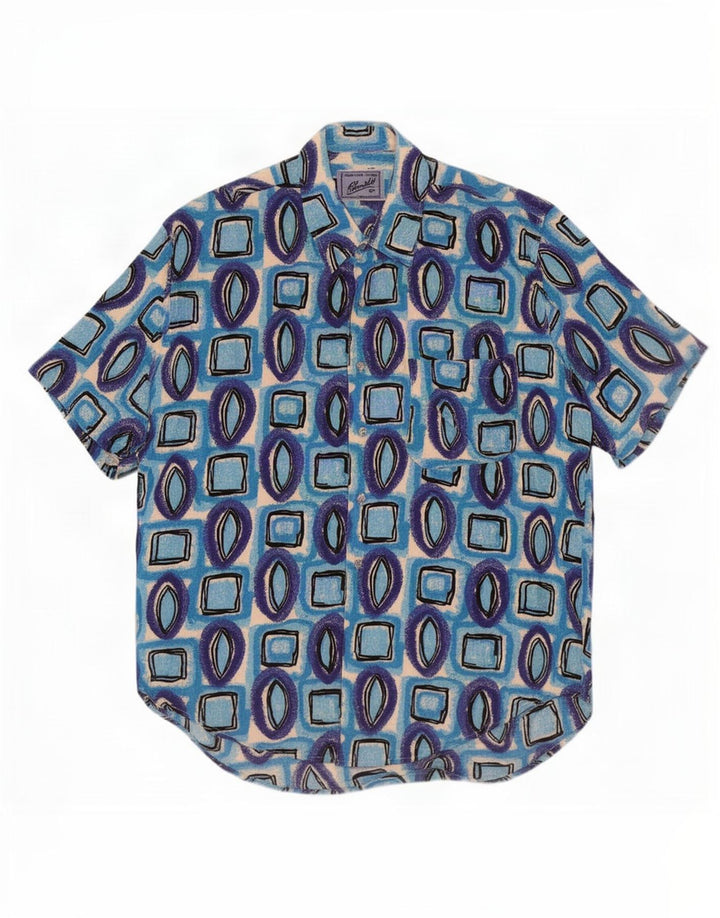 Camicia vintage da uomo a maniche corte in viscosa geometrica blu medio