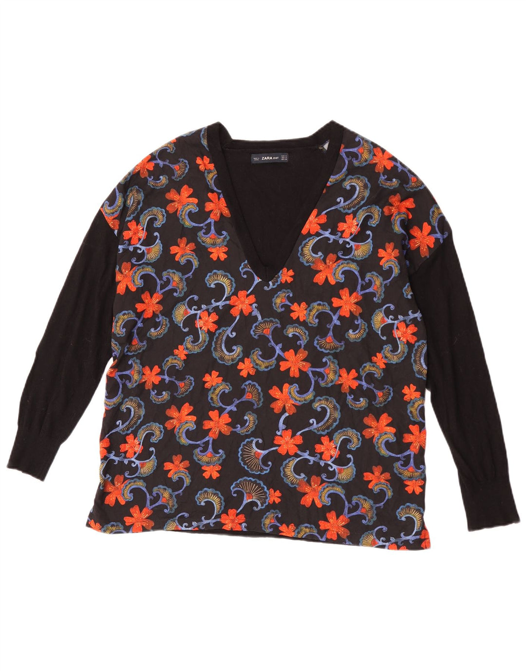 Top Zara da donna a maniche lunghe UK 14 lana floreale nera media