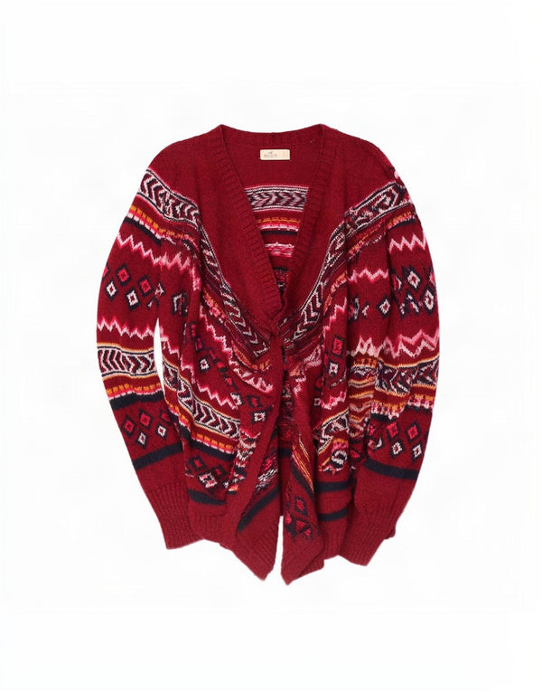 Maglione cardigan aperto da donna Hollister UK 10 piccolo rosso geometrico in cotone