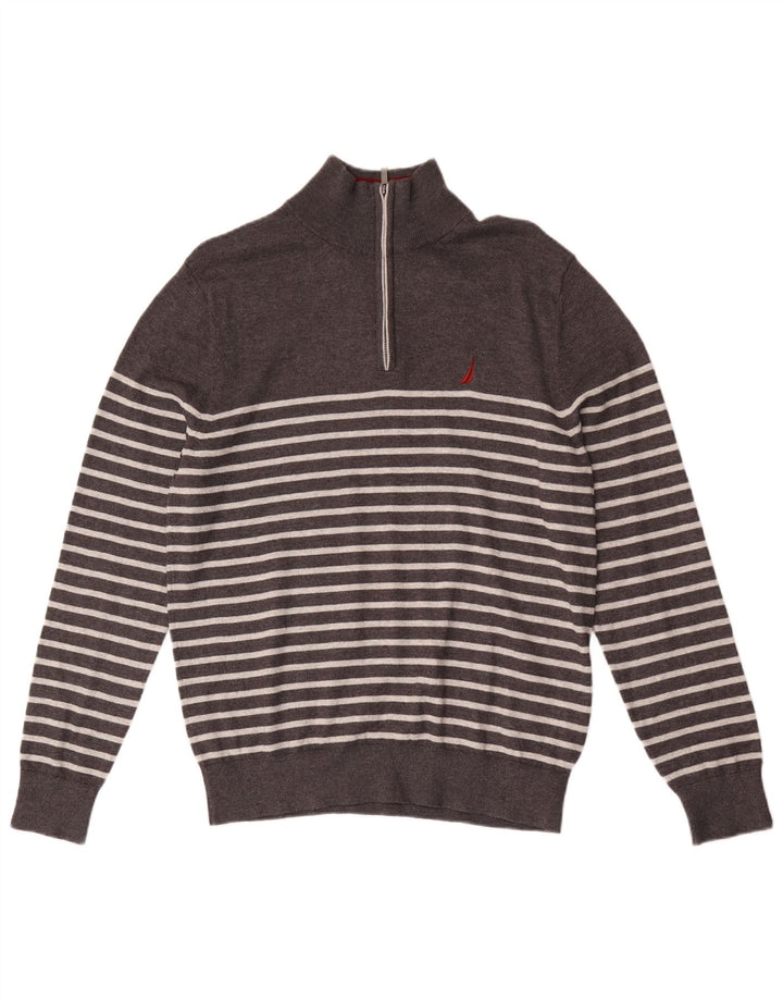 Maglione da uomo Nautica con zip e collo piccolo in cotone a righe grigie