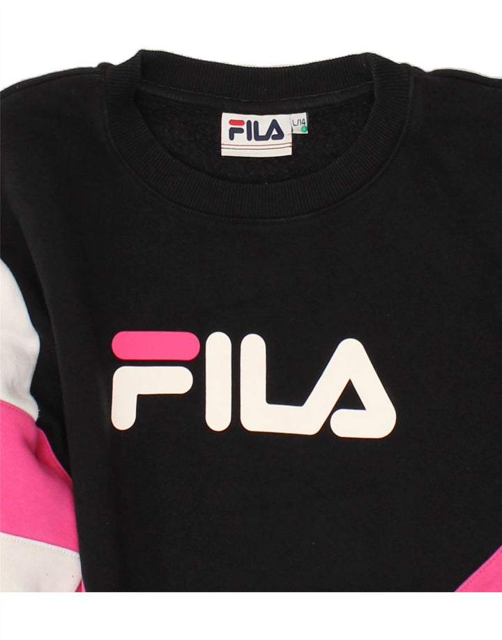FILA Boys Graphic Sweatshirt Jumper 13-14 Years Large Black Colourblock Vintage Fila and Second-Hand Fila from Messina Hembry 