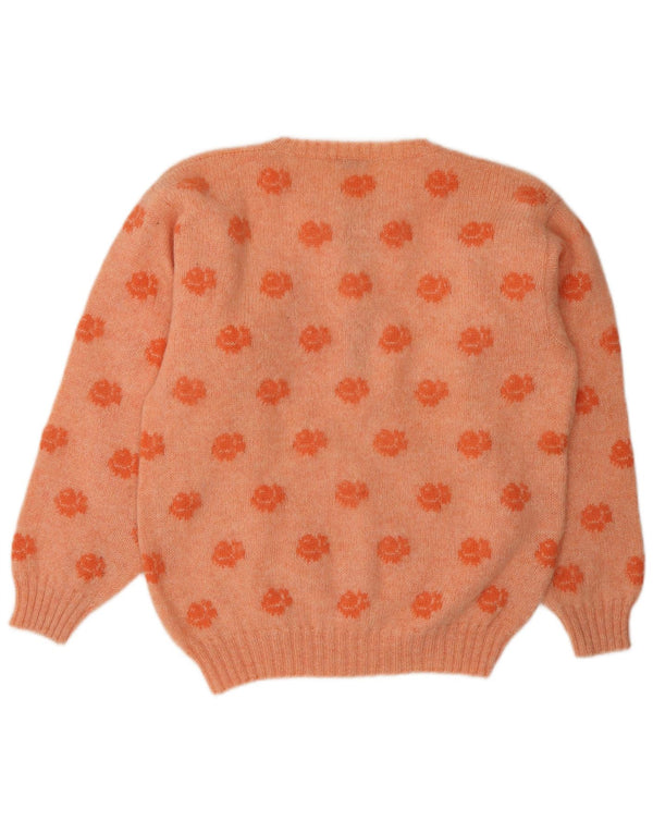 Vintage Womens Button Neck Jumper Sweater UK 16 Large Orange Floral Wool